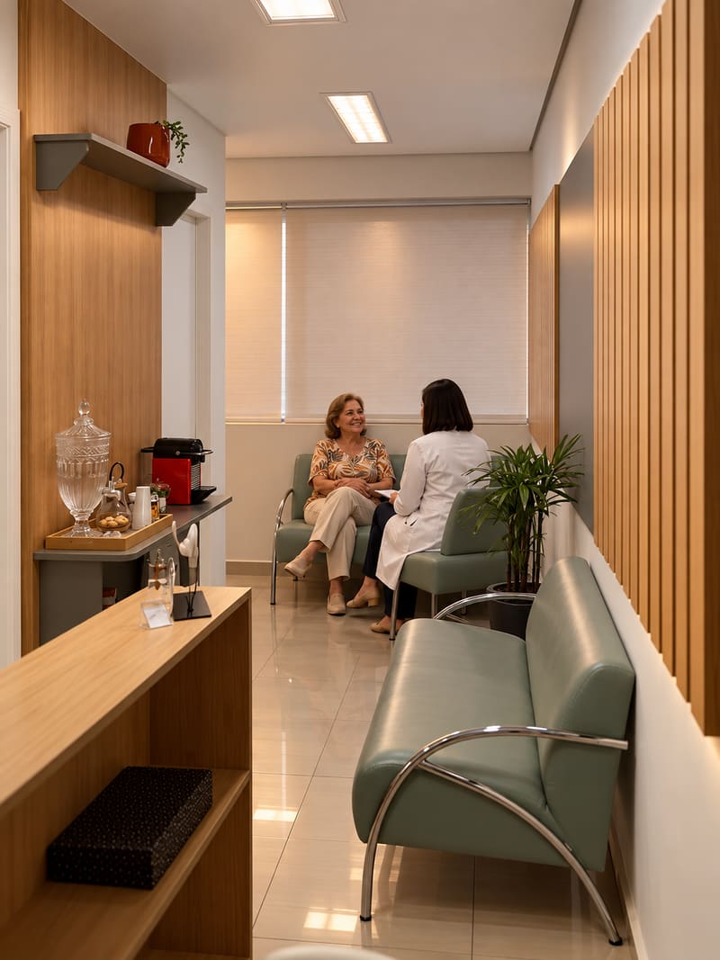 Recepção da Otoclinic em Santana: a fonoaudióloga conversa com uma paciente nas poltronas da sala de espera