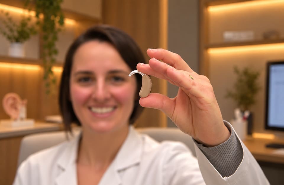 A fonoaudióloga Viviane Predolin sorri e mostra um aparelho auditivo retroauricular no consultório